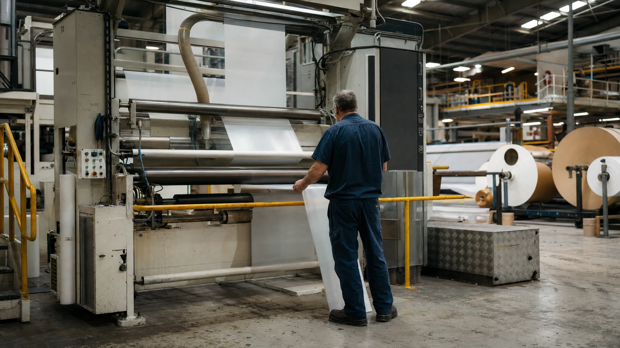 Operator working at an adhesive coating and converting line