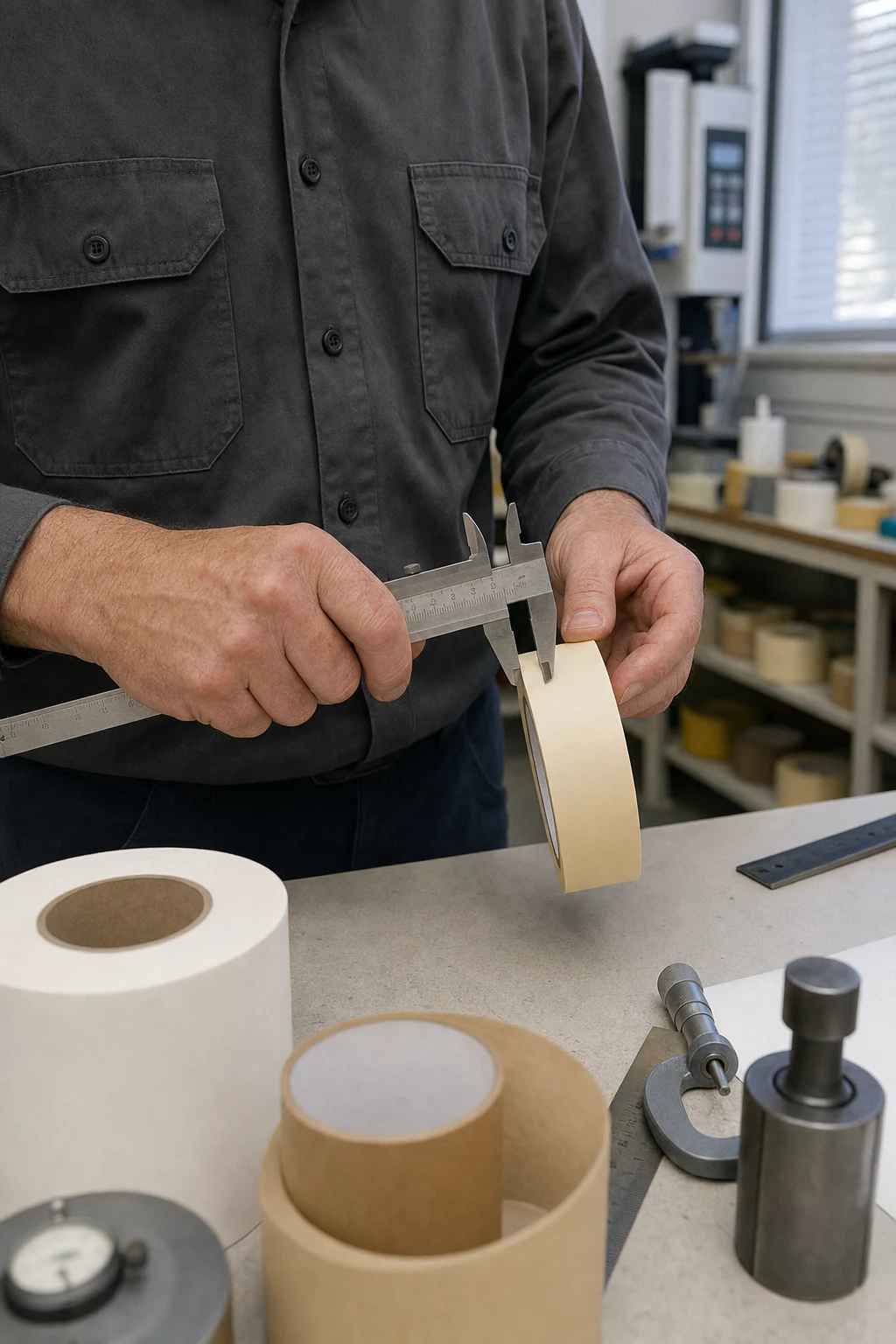 Technician measuring an adhesive tape sample with calipers