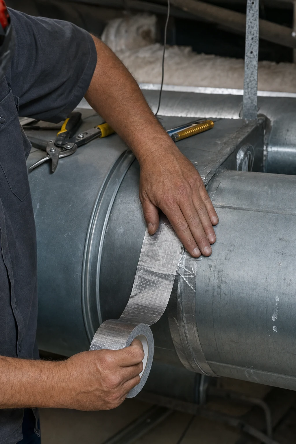 HVAC technician applying reinforced foil tape to a galvanised duct joint